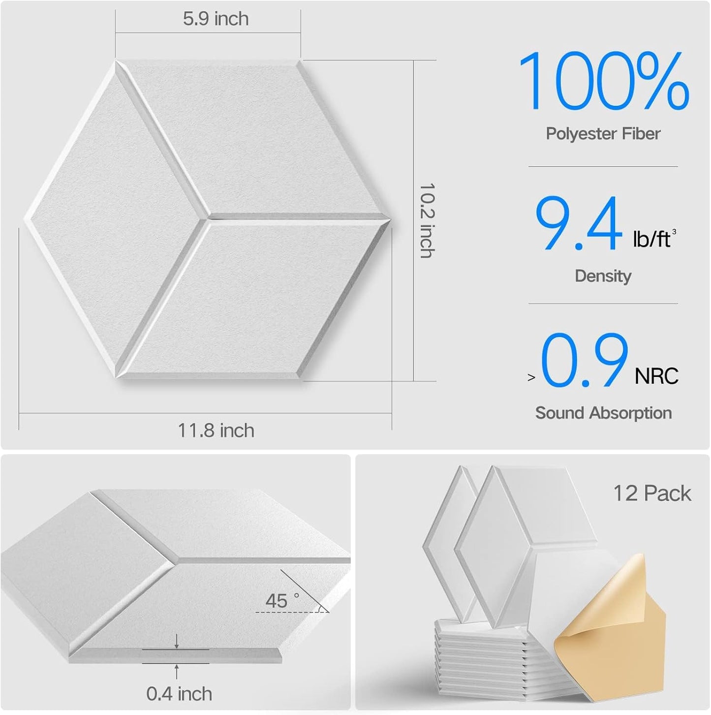 12 Pack Self-adhesive Acoustic Panels 12" X 10" X 0.4" - Sound Proof Foam Panels with High Density, Stylish Y-Lined Design, Flame Resistant, Absorb Noise and Eliminate Echoes(White)