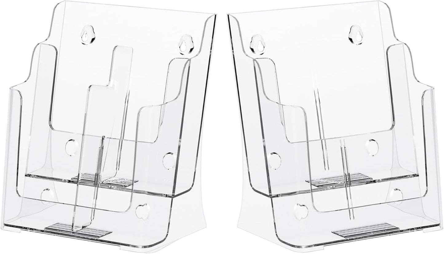 zavekia 2 Pack 2 Tier Acrylic Brochure Holder 8.5 x 11 inch, Clear Literature Organizer Magazine Stand with Removable Divider for 4 x 9 inch Brochures,Magazine Holder,Flyer Holder