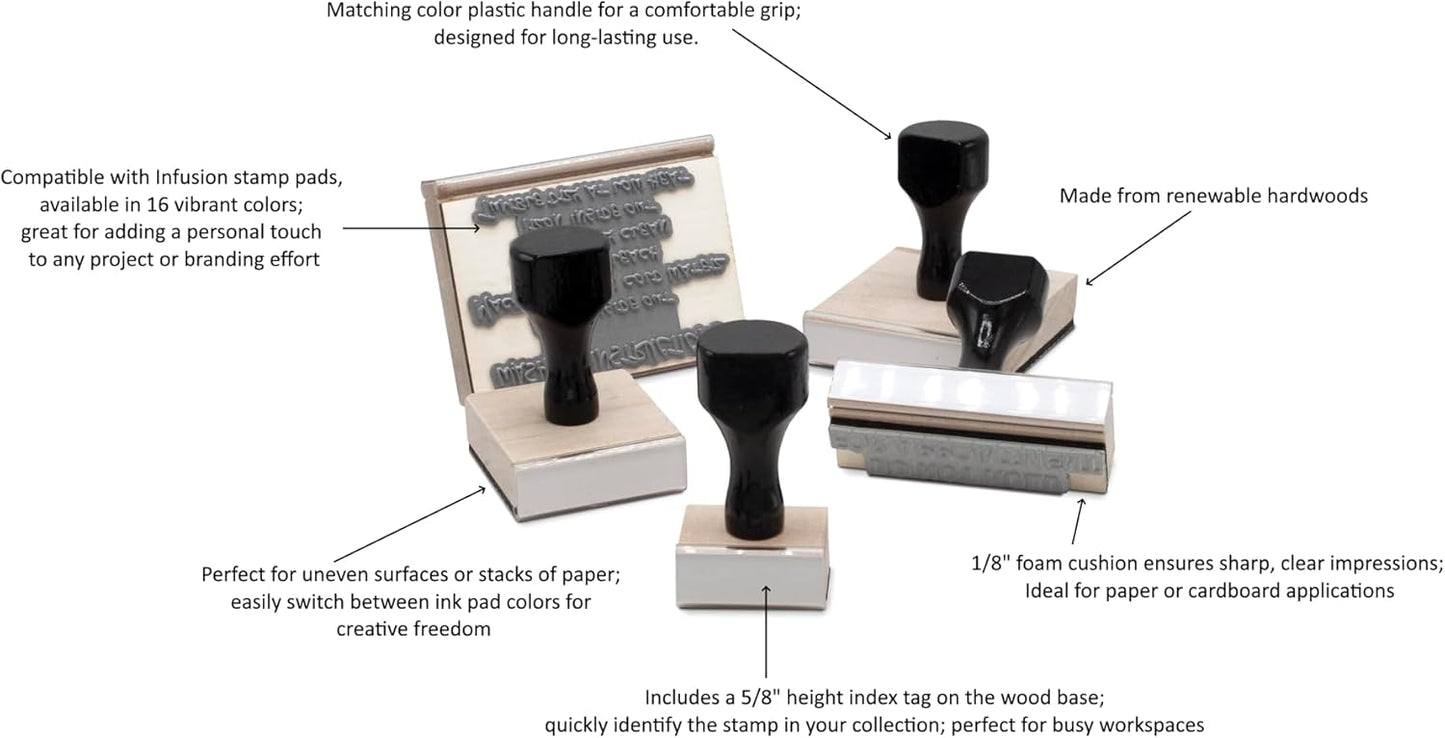 Infusion Custom Text Traditional Wood Stamp with Plastic Handle, 3" x 4"