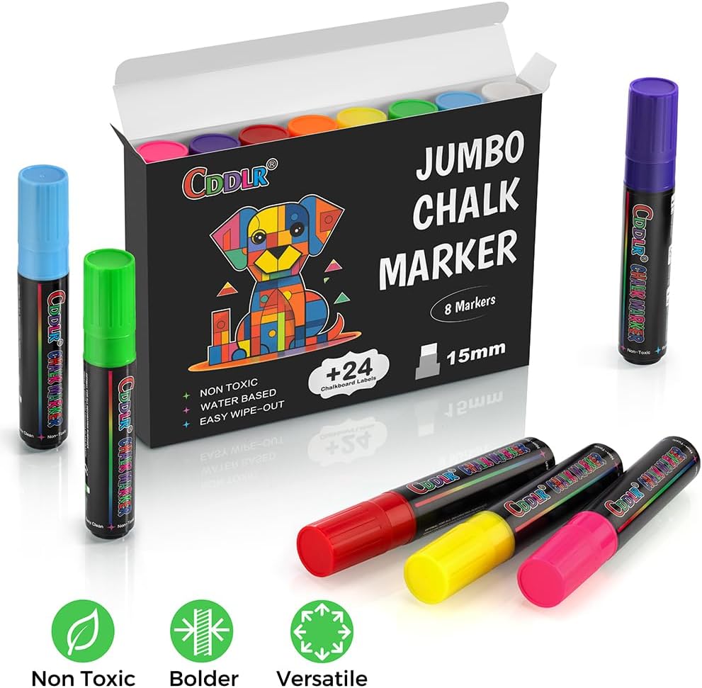 Window Chalk Markers for Cars Washable,Jumbo Liquid Chalk Marker with 8 Colors 15mm Thick Tips,Window Paint Markers for Auto,Glass,Blackboards,Bistro, Mirror, Poster, Business