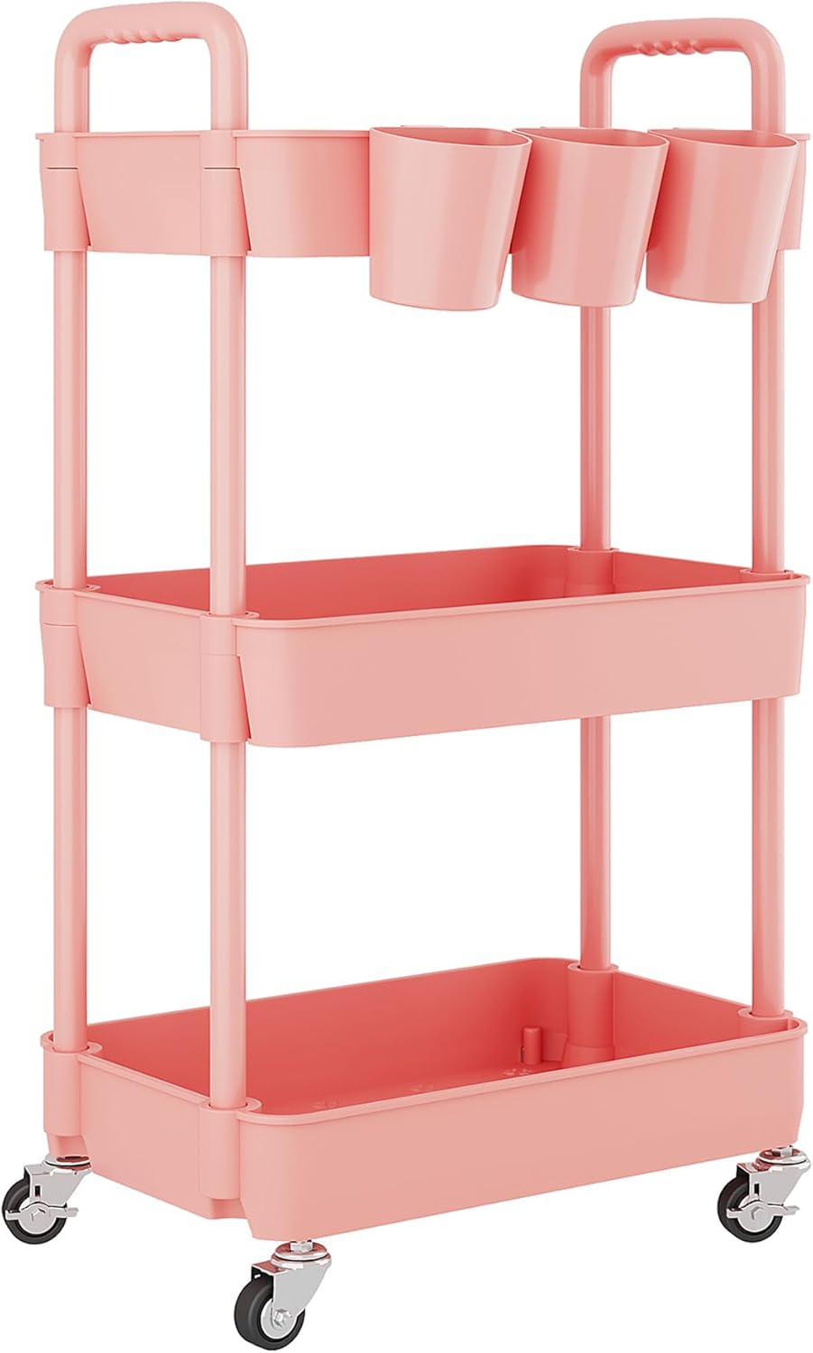 UDEAR 3-Tier Rolling Utility Cart,Multifunctional Storage Shelves with Handle and Lockable Wheels for Room,Office,Kitchen,Bathroom,with 3 Hanging Cups,Pink