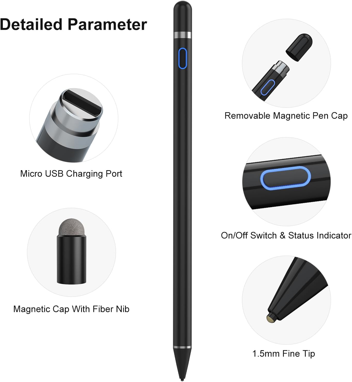 Compatible for iOS&Android Touch Screens Active Stylus Pen,Stylus Pens for Touch Screens,Rechargeable Stylus for i-Pad/Pro/Air/Mini/i-Phone/Cellphone/Samsung/Tablet Drawing&Writing (Black)