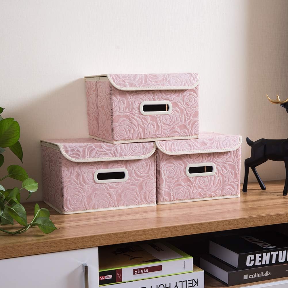 PRANDOM Collapsible Storage Boxes with Lids Fabric Decorative Storage Bins Cubes Organizer Containers Baskets with Cover Handles Divider for Bedroom Closet Living Room 9.8x7.9x6.7 Inch 3 Pack