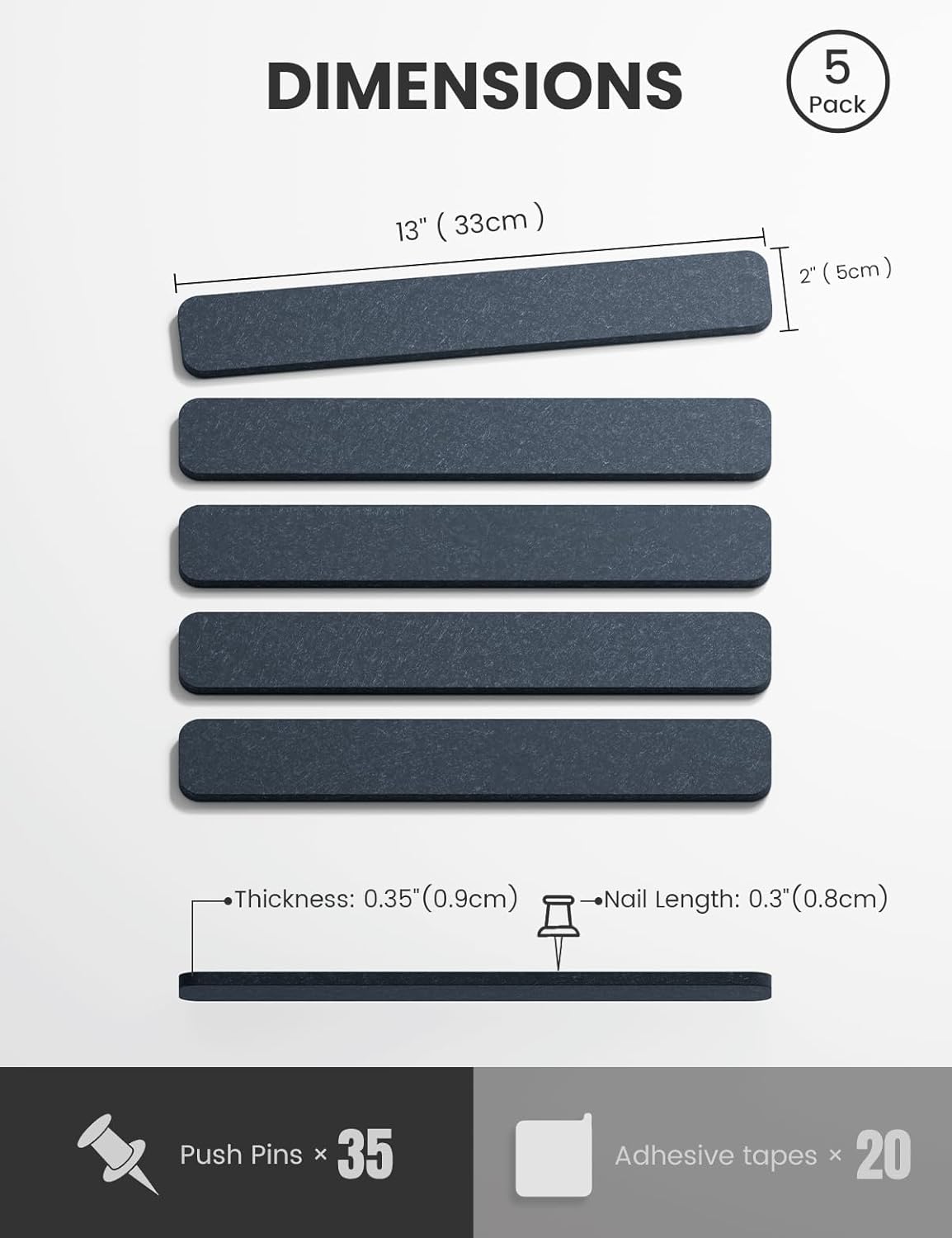 Cork Board Alternative Felt Strip Board 5-Pack 13"x2", Office Pin Board with 35 Push Pins, Adhesive Install for Bedroom Door & Home Office(Deep Charcoal Blue)