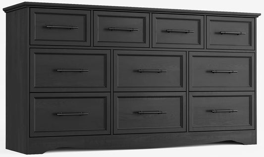 Black Farmhouse Dresser for Bedroom, 10 Chest of Drawers, 59" Wide Chest of Drawers with Brushed Metal Handle, Wood Closet Organizers and Storage Cabinet for Bedroom, Living Room, Hallway