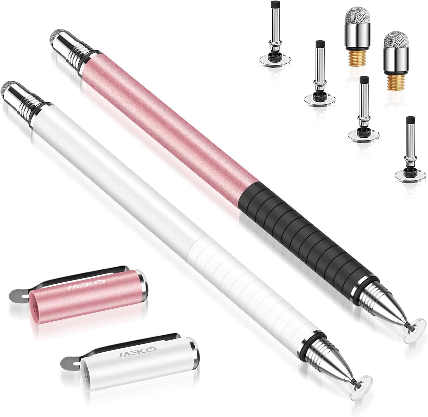 MEKO Stylus Pens for Touch Screens, 2 in 1 Universal Disc Stylus Pens for iPhone, iPad and All Capacitive Cell Phones, Tablets, Laptops Bundle with 6 Replacement Tips - (2 Pcs, White/Rose Gold)