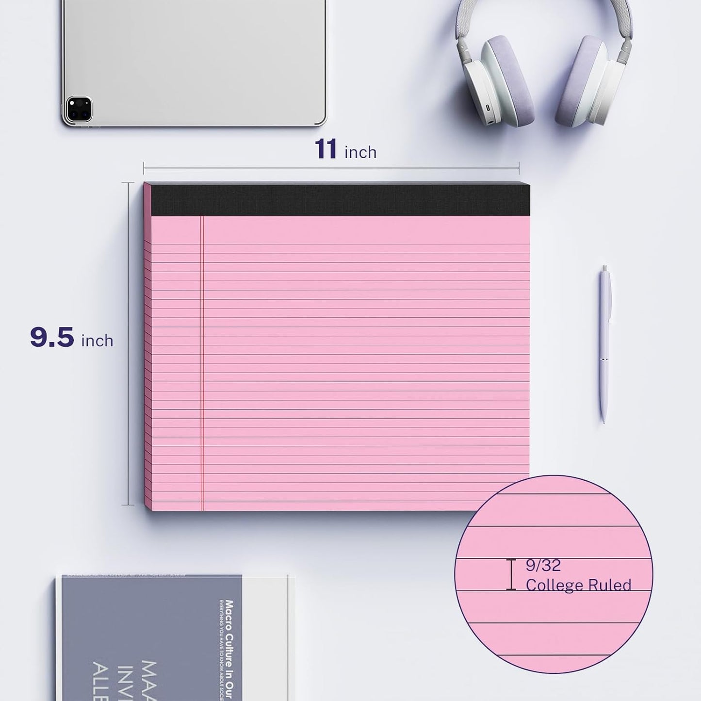 3 Pack Wide Legal Pads 11" x 9.5" (Landscape Format) Pink College Ruled Note Pad Narrow Ruled 30 Sheets per Notepad Perforated Writing Paper with Thick Backboard Horizontal Pads of Paper