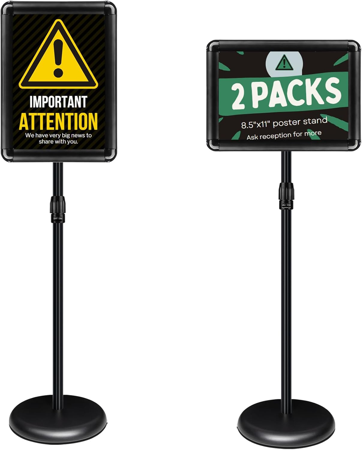 Poster Stand Holder Adjustable Pedestal Floor Standing Sign Holder Vertical and Horizontal View Sign Display, Aluminum Snap Open Frame with Safety Corner (2P-Black-8.5x11)