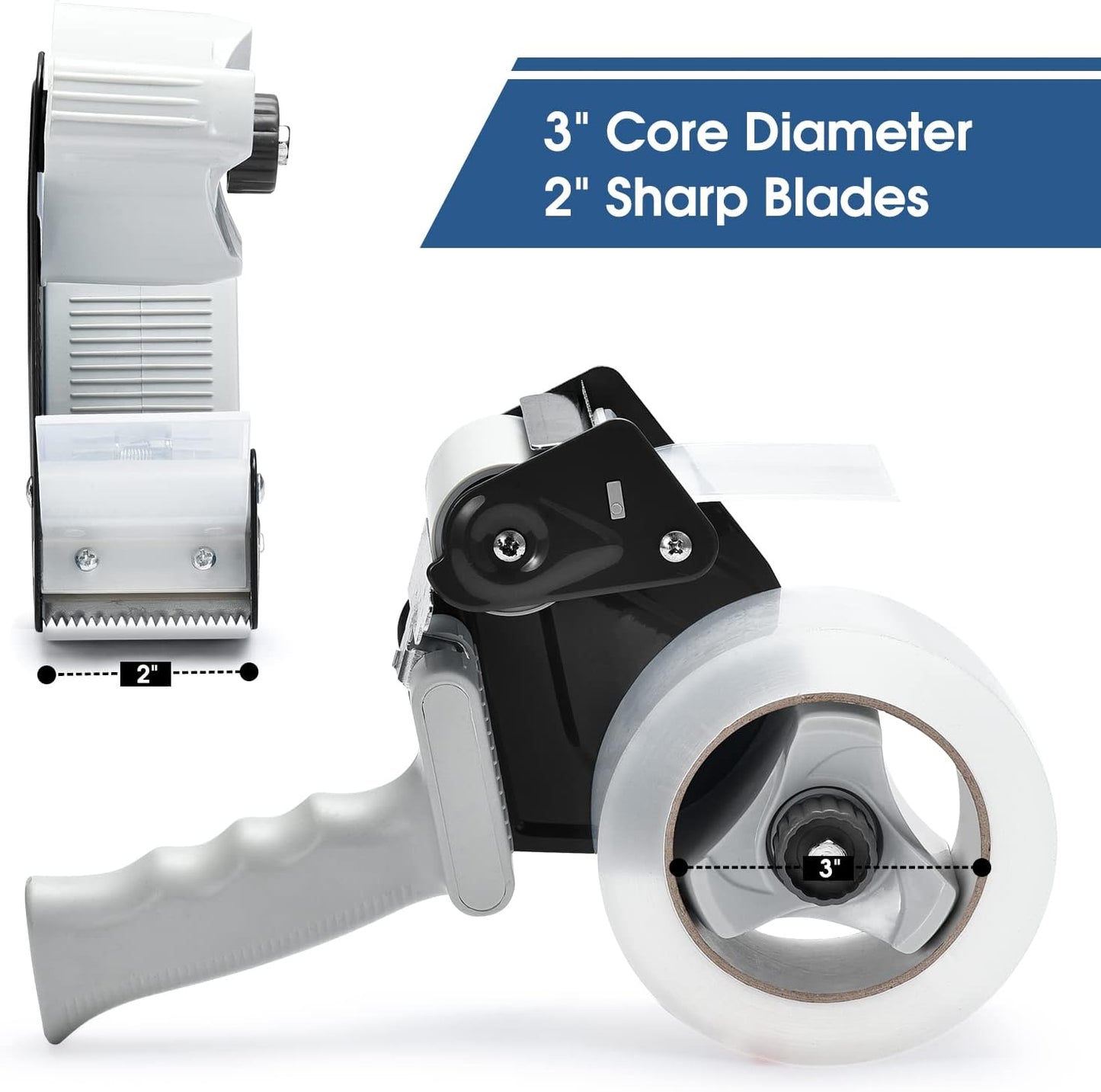 Packing Tape Dispenser Gun, Pacific Mailer 2 Inch Tape Gun Dispenser with 2 Inch Carton Packing Tape, Lightweight Industrial Side Loading Tape Dispenser - Black