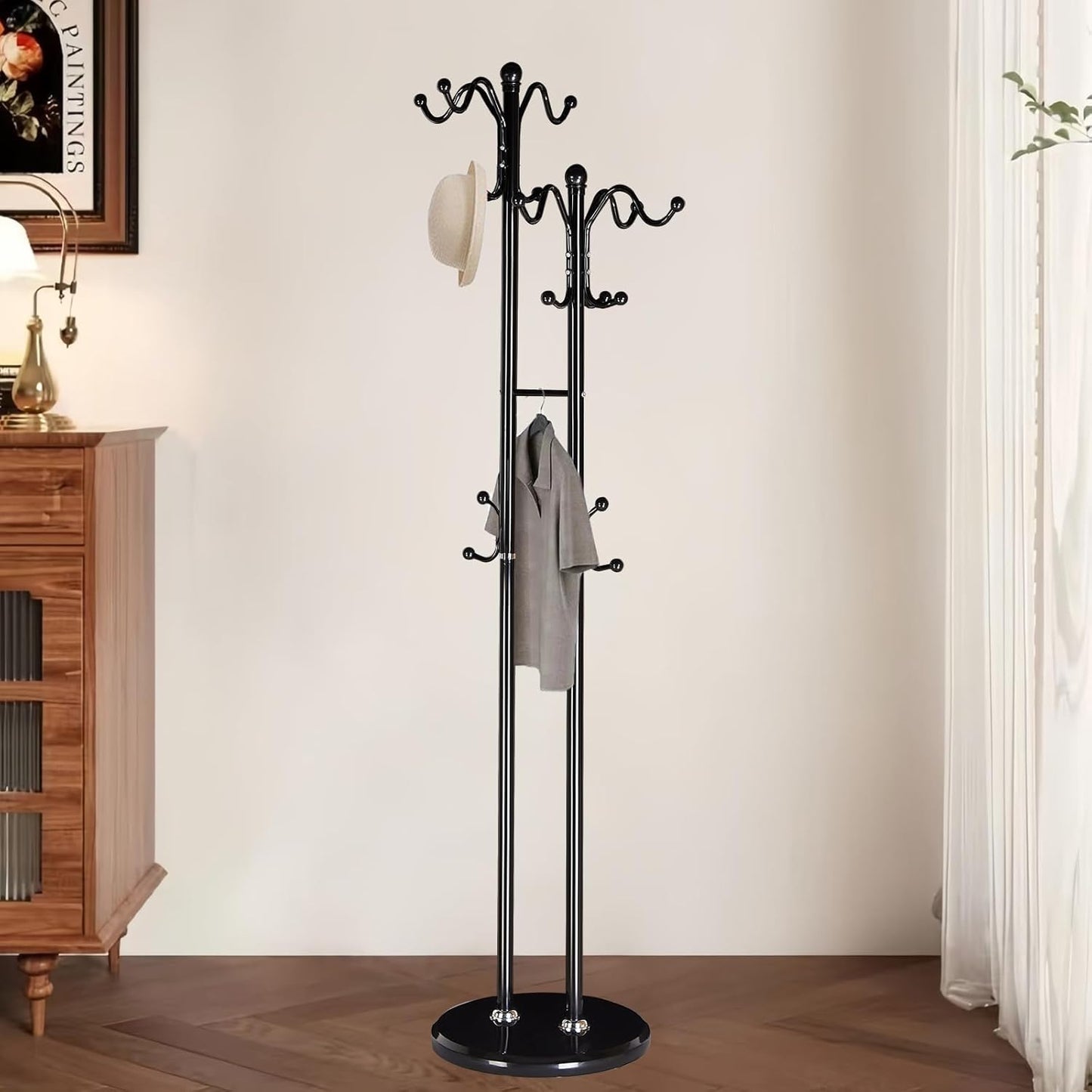 Coat Rack with Natural Marble Base, Metal Modern Coat Racks Freestanding, Coat Rack Stand with 12 Hooks, Coat Tree Hats Hanger Stand for Entryway, Hallway (17 Hooks-Black)