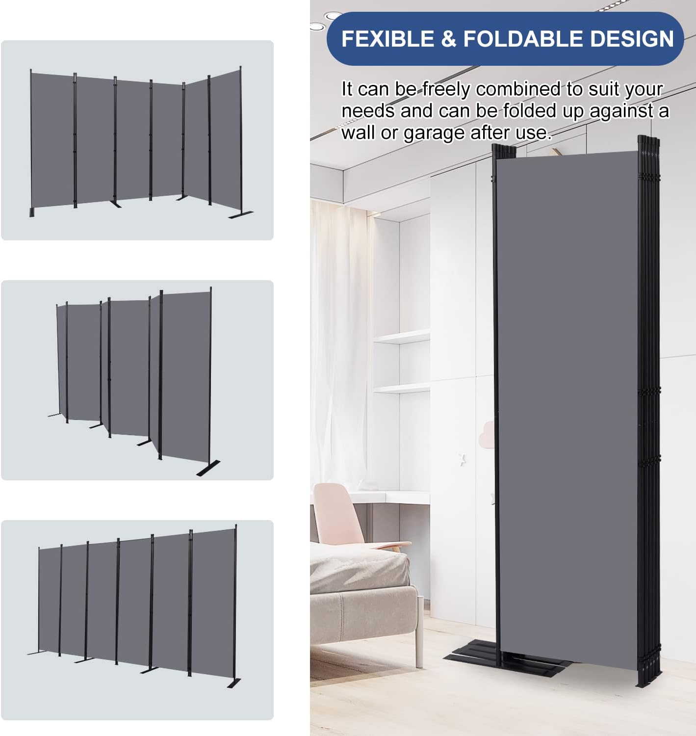 Room Divider and Folding Privacy Screens， 6 Panel Wide Room Divider Wall Screen for Room Separtition, Partition Room Dividers Fabric Panel Wall Dividers Freestanding for Office, Bedroom, Studio Dorm