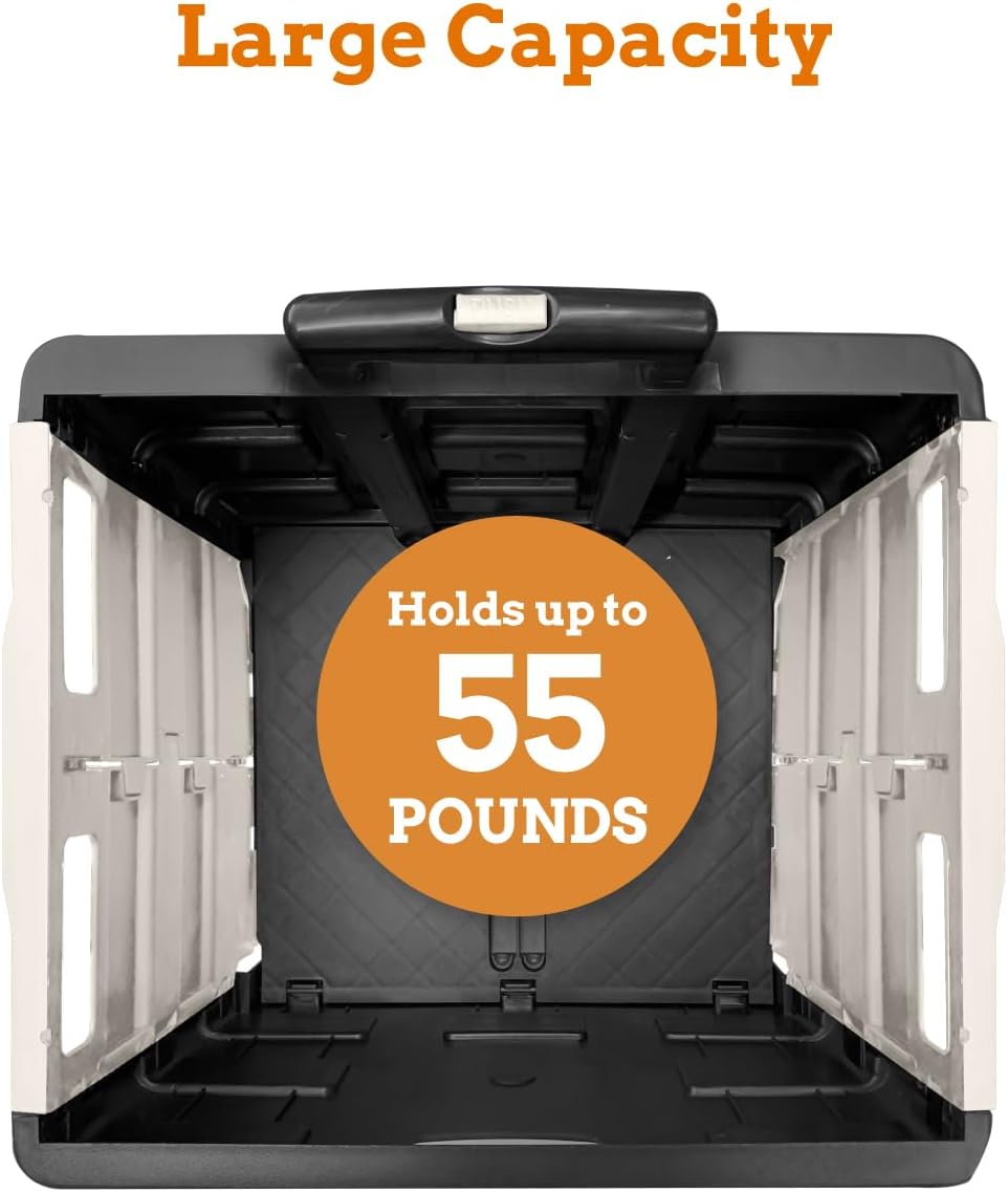 Inspired Living Ultra-Slim Rolling Collapsible Storage Pack-N-Roll Utility-carts, with Telescopic Handle, for Home, Garden, Shopping, Office, School use, Medium, White & Black