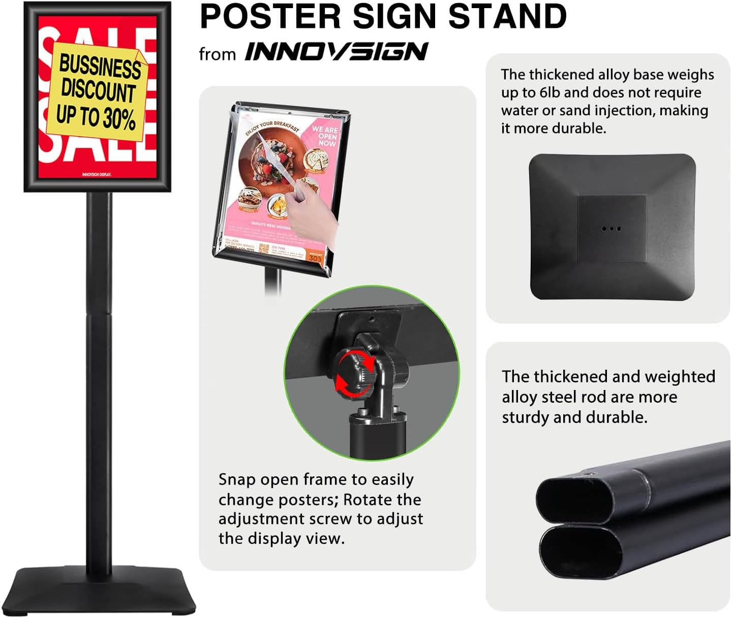 3Packs Heavy Duty Adjustable Pedestal Poster Sign Stand, 11x17 Aluminum Open Floor Standing Sign Holder for Vertical and Horizontal View Display, Black