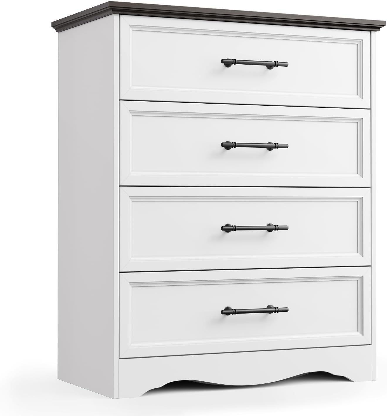 White Farmhouse Dresser for Bedroom, 36" Tall 4 Drawer Chest with Sleek Brushed Metal Handles, Modern Wood Storage Cabinet with Unique Base Design, Closet Organizer for Bedroom, Living Room, Hallway