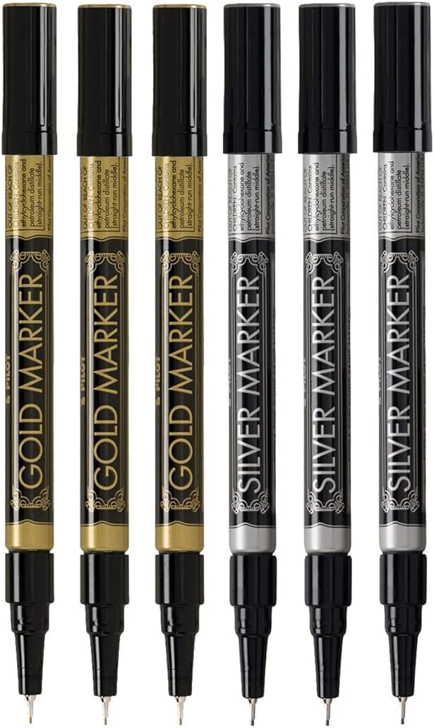 Metallic Permanent Paint Markers, Gold And Silver, Extra Fine Point (0.5mm), 6 Count, Bundle with Plastic Reusable Pouch