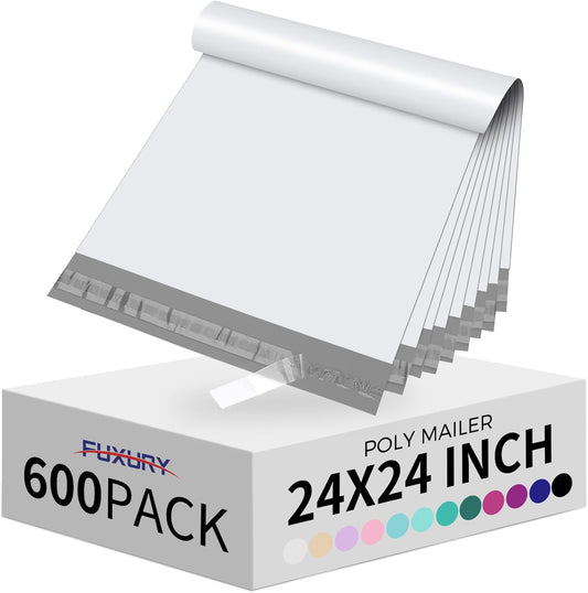 Fuxury Poly Mailers 24 x 24 Inch 600 Pack, Bulk Shipping Bags for Clothing, Strong Adhesive Shipping Envelopes for Small Business Suppliers,Waterproof Mailers Poly Bags Mailing Envelopes White