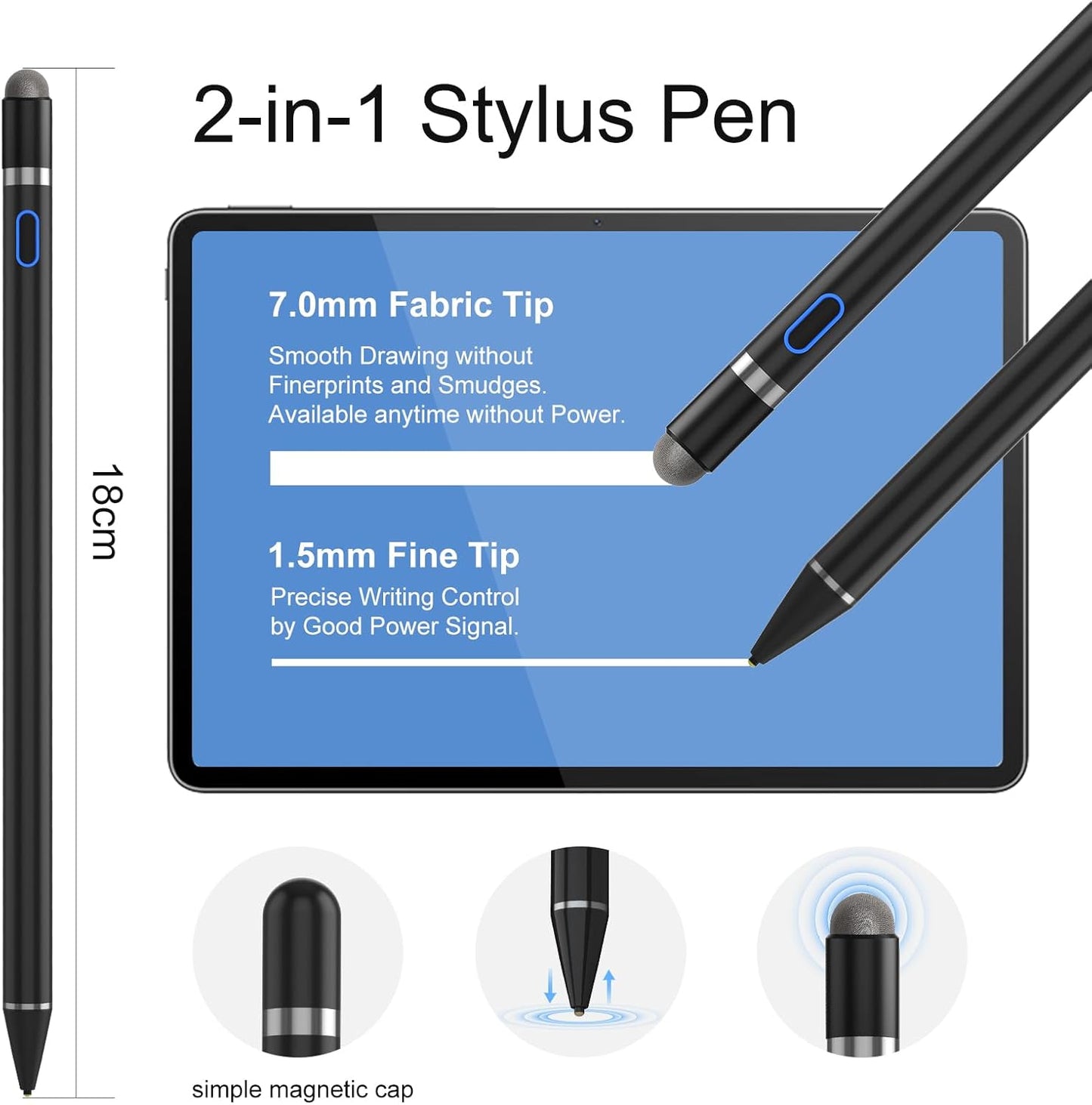 Compatible for iOS&Android Touch Screens Active Stylus Pen,Stylus Pens for Touch Screens,Rechargeable Stylus for i-Pad/Pro/Air/Mini/i-Phone/Cellphone/Samsung/Tablet Drawing&Writing (Black)