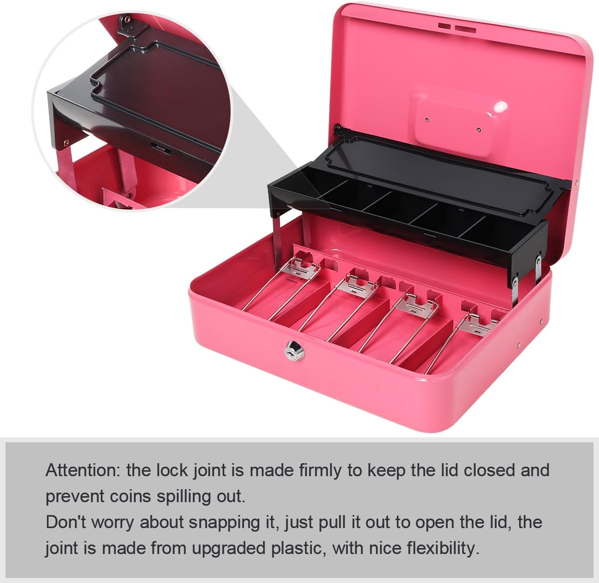 Jssmst Locking Cash Box with Money Tray and Lock, Metal Money Box with Change Lid, 11.8L x 9.5W x 3.5H Inches, Safe Box for Money with Key Lock Pink, SM-CB0515P
