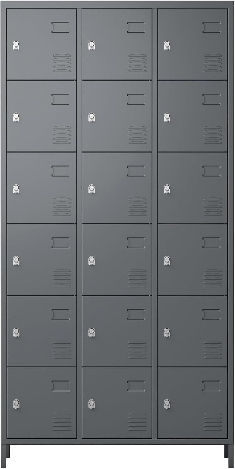 Metal Storage Locker with 18 Doors and Business Card Holder,Metal Lockers for Employees with Lock for School Garage Office Gym,Assembly Required,Dark Grey