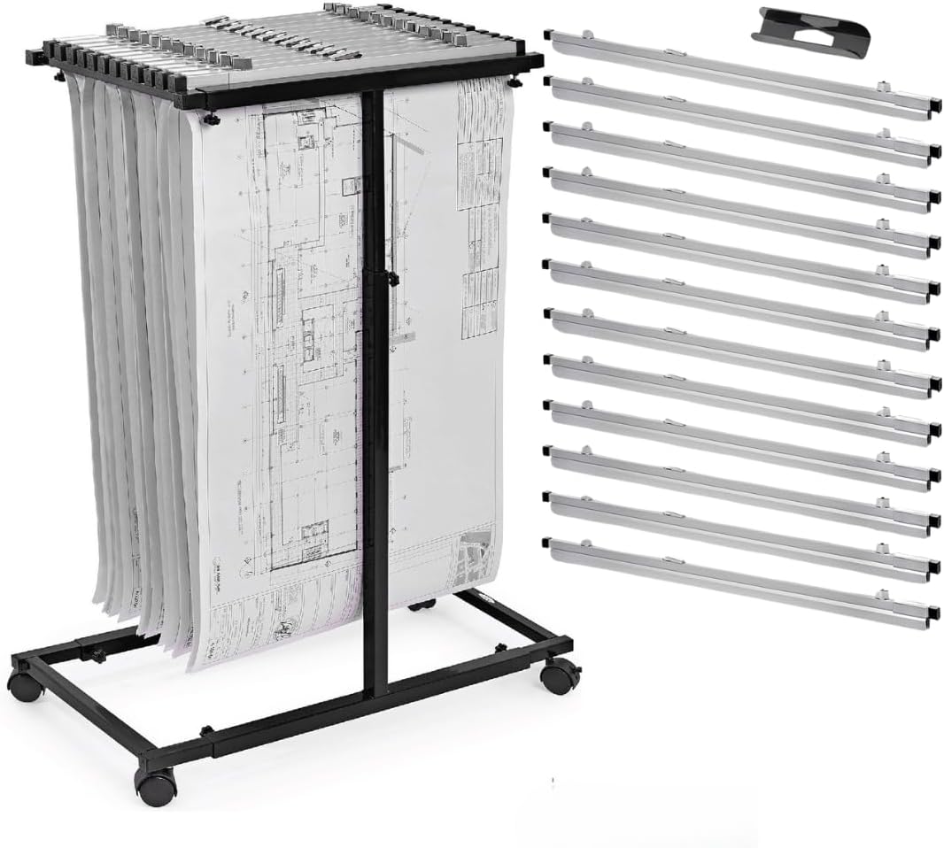 Adir Blueprint Rack and Clamps - 12 Pack of Blueprint Clamp and Mobile Blueprint Rack, Heavy-Duty Large Document Storage Solution for Blueprints, Posters, Maps, & Construction Plans
