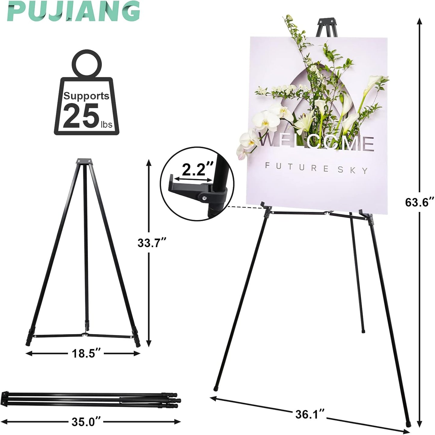 PUJIANG 63" Aluminum Easel Stand for Sign, Large Collapsible Easels for Display Posters/Whiteboard, Adjustable Height Artist Easel for Painting- Floor/Tabletop, Holds 25 lbs,1pcs