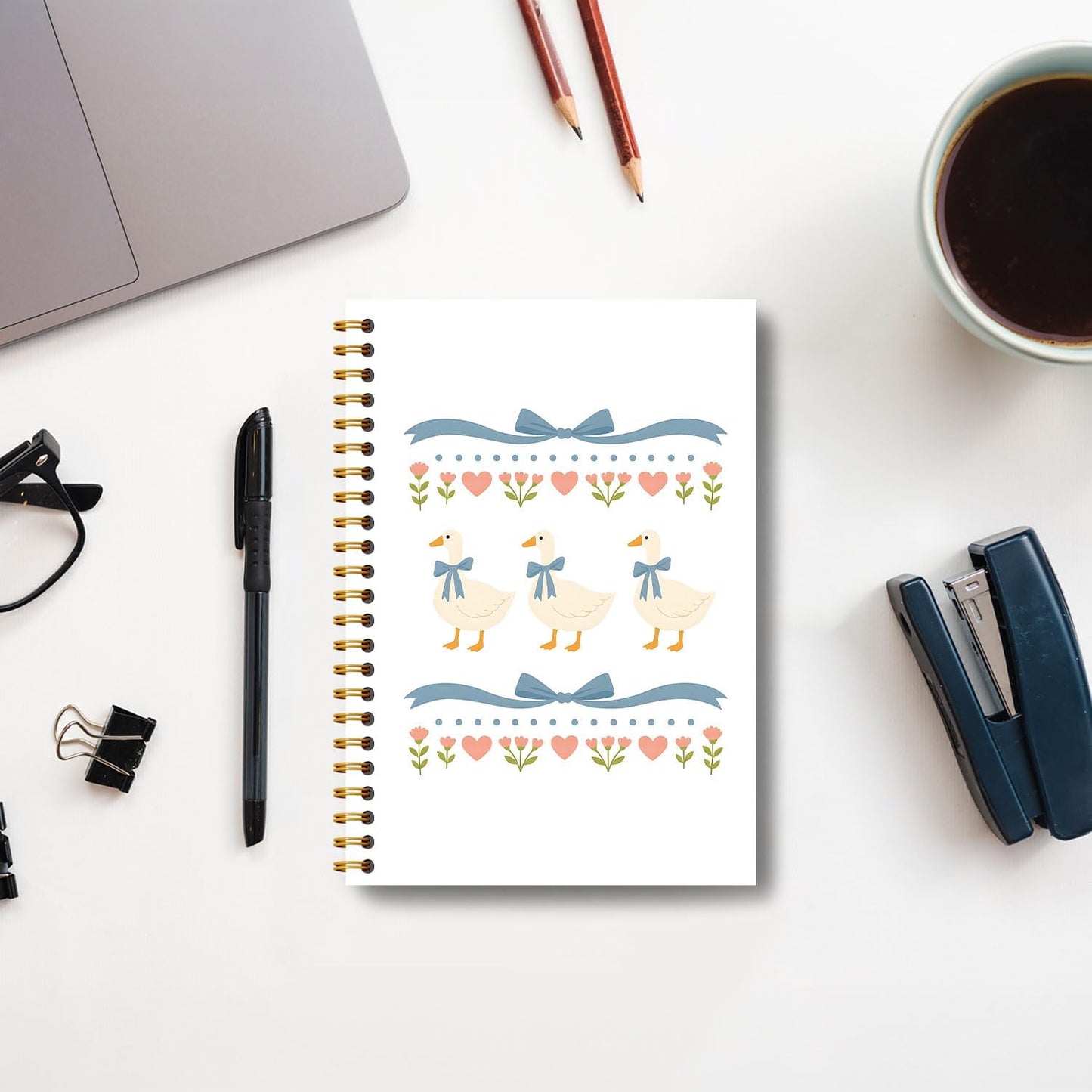 Guymn Coquette Blue Bow Goose Notebook, Groovy Aesthetic Floral Goose Journal for Kids Girls, Geese Animal Lover Gifts Hardcover Spiral Notebooks Journals 5.5x8.3 Inch