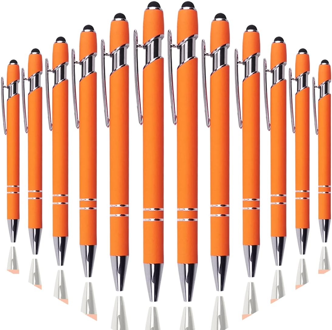 Ballpoint Pen with Stylus Tip, Soft Touch Click Metal Pen, 1.0mm Medium Point, Black Ink, 12 Count(Orange)
