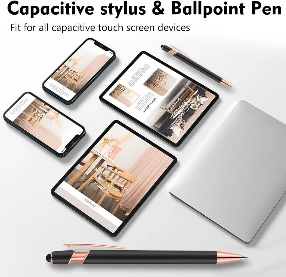 12 PCS 2 in 1 Stylus Ballpoint Pen with Stylus Tip, 1.0 mm Black Ink Metal Pen Stylus Pen for Touch Screens (Rose Gold & Purple)