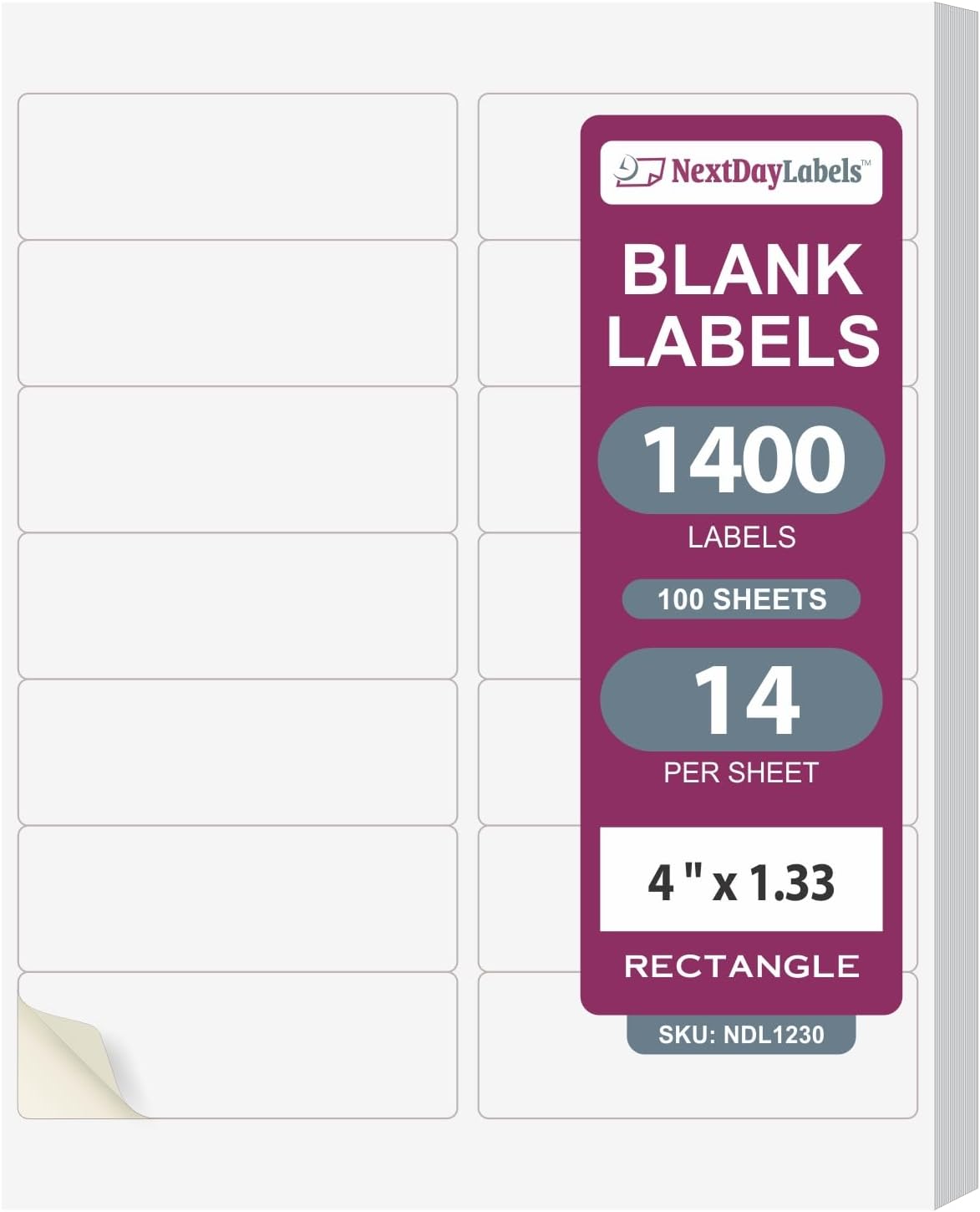 NextDayLabels – 4" x 1-1/3" Rectangular Sticker Labels for Printer - White Laser/Inkjet Printer Labels Return Address Labels Shipping Label Stickers (100 Sheets, 14 Per Sheet, 1400 Labels)
