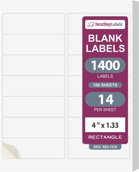 NextDayLabels – 4" x 1-1/3" Rectangular Sticker Labels for Printer - White Laser/Inkjet Printer Labels Return Address Labels Shipping Label Stickers (100 Sheets, 14 Per Sheet, 1400 Labels)
