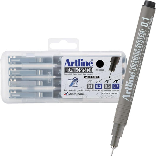 Artline 230 Drawing System Pens, Technical Drawing Pens For Drafting, Illustrating, and More, 0.1mm, 0.3mm, 0.5mm, and 0.7mm Fine Tips - Black, 4-Pack