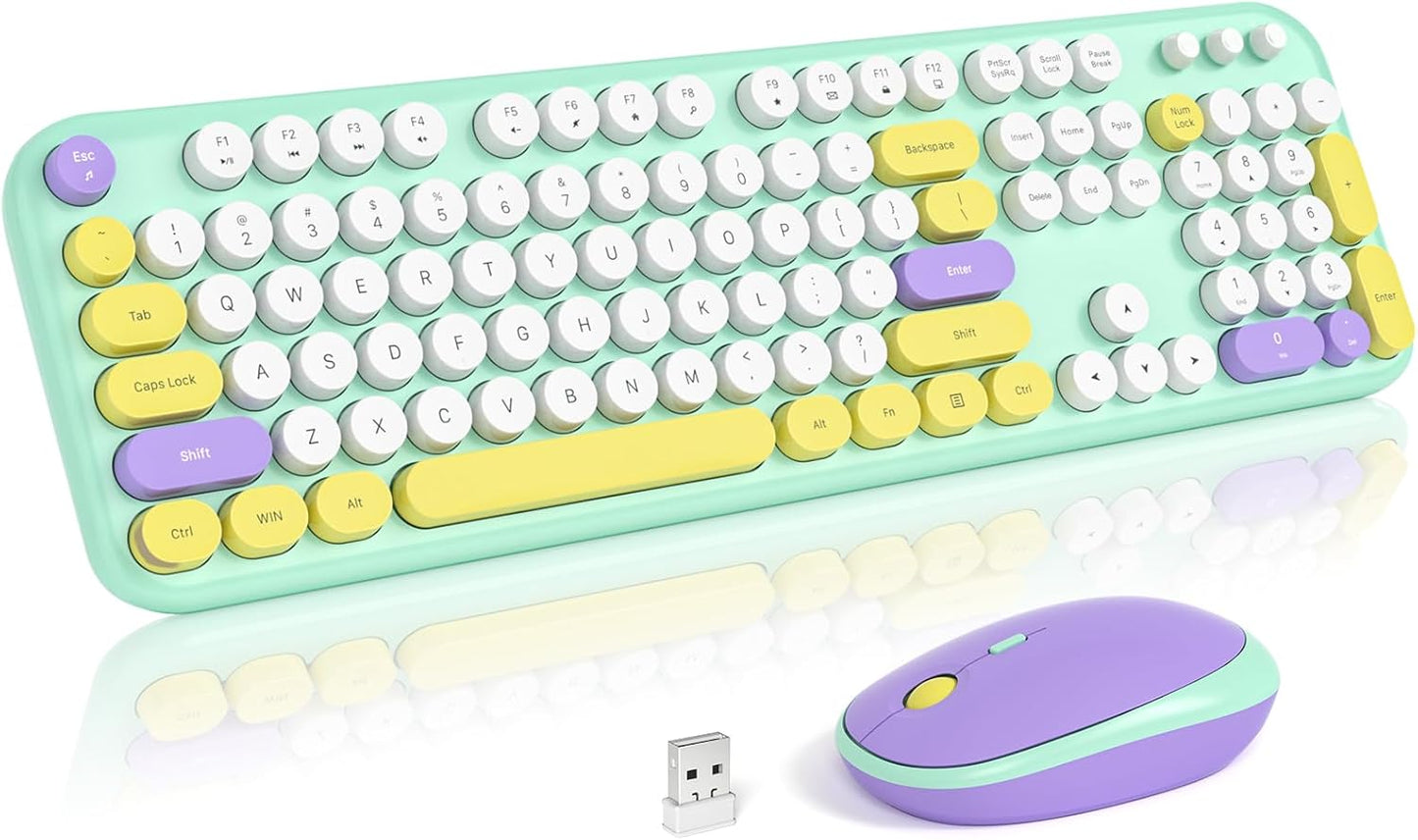 Wireless Keyboard and Mouse Combo, USB 2.4GHz Full Size Typewriter Keyboard with Number Pad and Colorful Mouse for Office PC Computer Desktop Laptop Windows 7 8 10 (Mint Green)