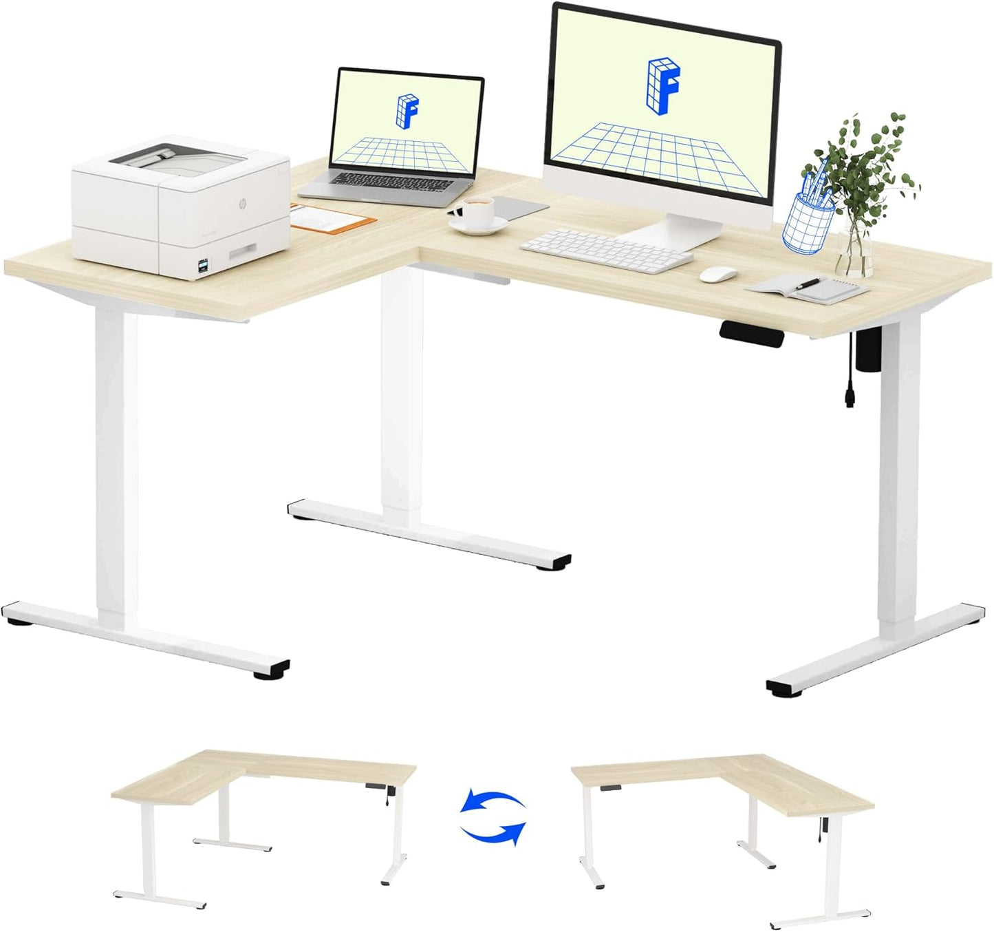 FLEXISPOT L Shaped Standing Desk, 63 x 47 Inch Electric Height Adjustable Corner Desk, Sit Stand Computer Workstation, Preset Controller, Home Office, White Frame with Maple Top