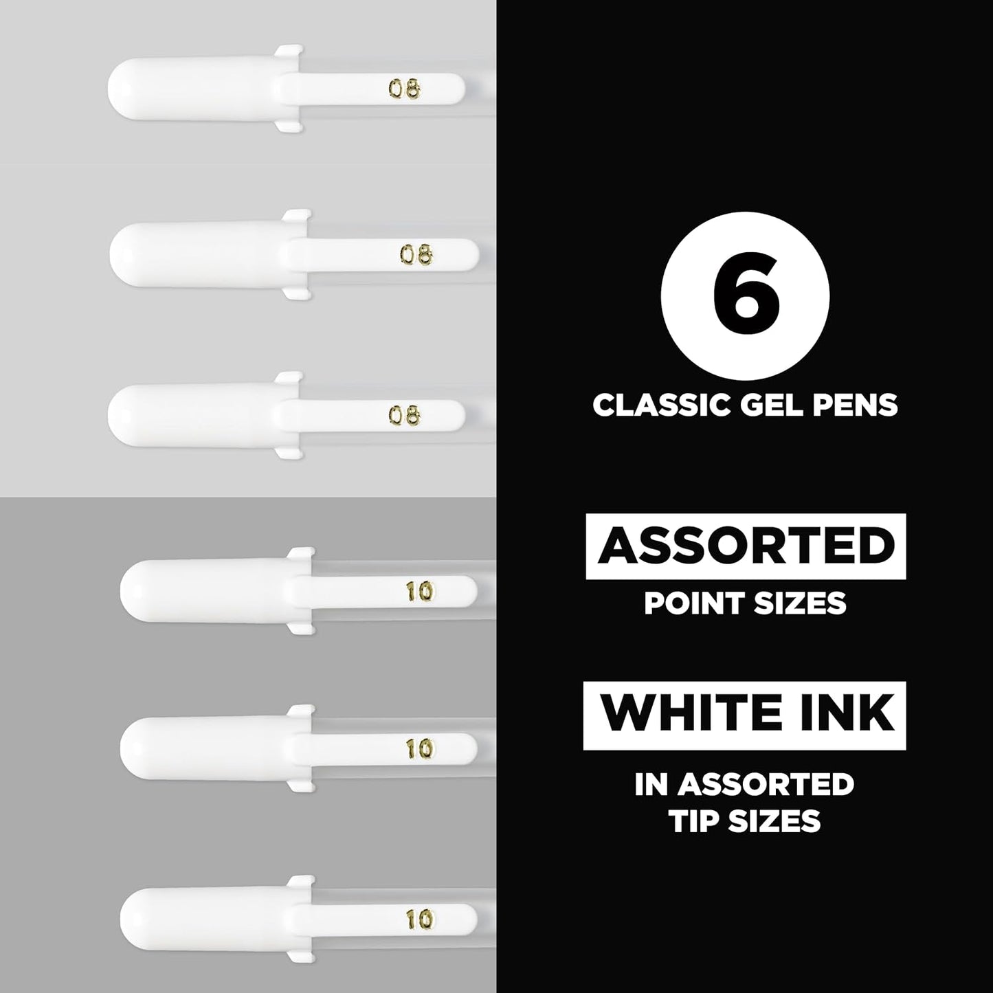 SAKURA Gelly Roll Gel Pens - Medium & Bold Tip Ink Pens for Journaling, Art, or Drawing - Classic White Ink - 08/10 Assorted Tip Sizes - 6 Pack