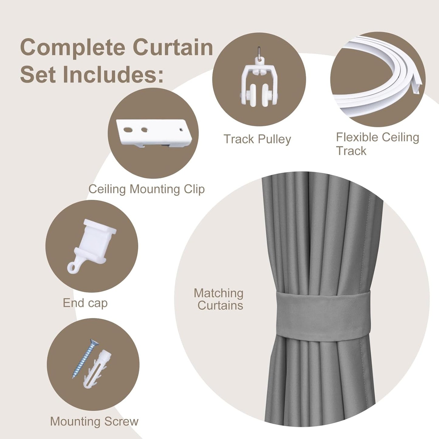 Room Divider Curtains & Flexible Bendable Tracks Set,Privacy Dividers Ceiling Track Curtain Window Blackout Curtains for Living Room Bedroom (W150 × H108 in 1 Panel Grey Drape & White Rail)