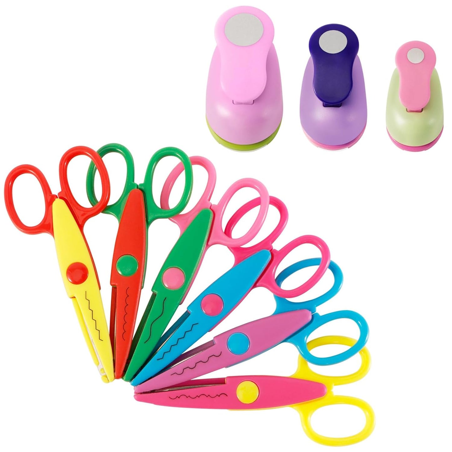 Hole Punch and Craft Scissor Set of 9, 6pcs Creative Scissors Decorative Edge Set and 3pcs Circle Paper Punches for Kids Adults, Best for Fun Crafts DIY School Work