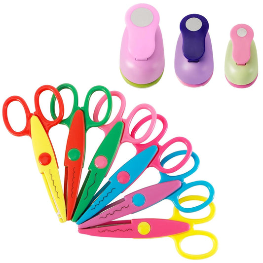 Hole Punch and Craft Scissor Set of 9, 6pcs Creative Scissors Decorative Edge Set and 3pcs Circle Paper Punches for Kids Adults, Best for Fun Crafts DIY School Work