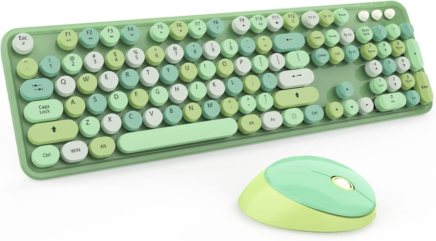 Wireless Keyboard and Mouse Combo, Cute Colorful 104-Key Typewriter Retro Round Keycaps Keyboard for PC Laptop,Windows,Desktop,Perfer for Home and Office Keyboards (Green)