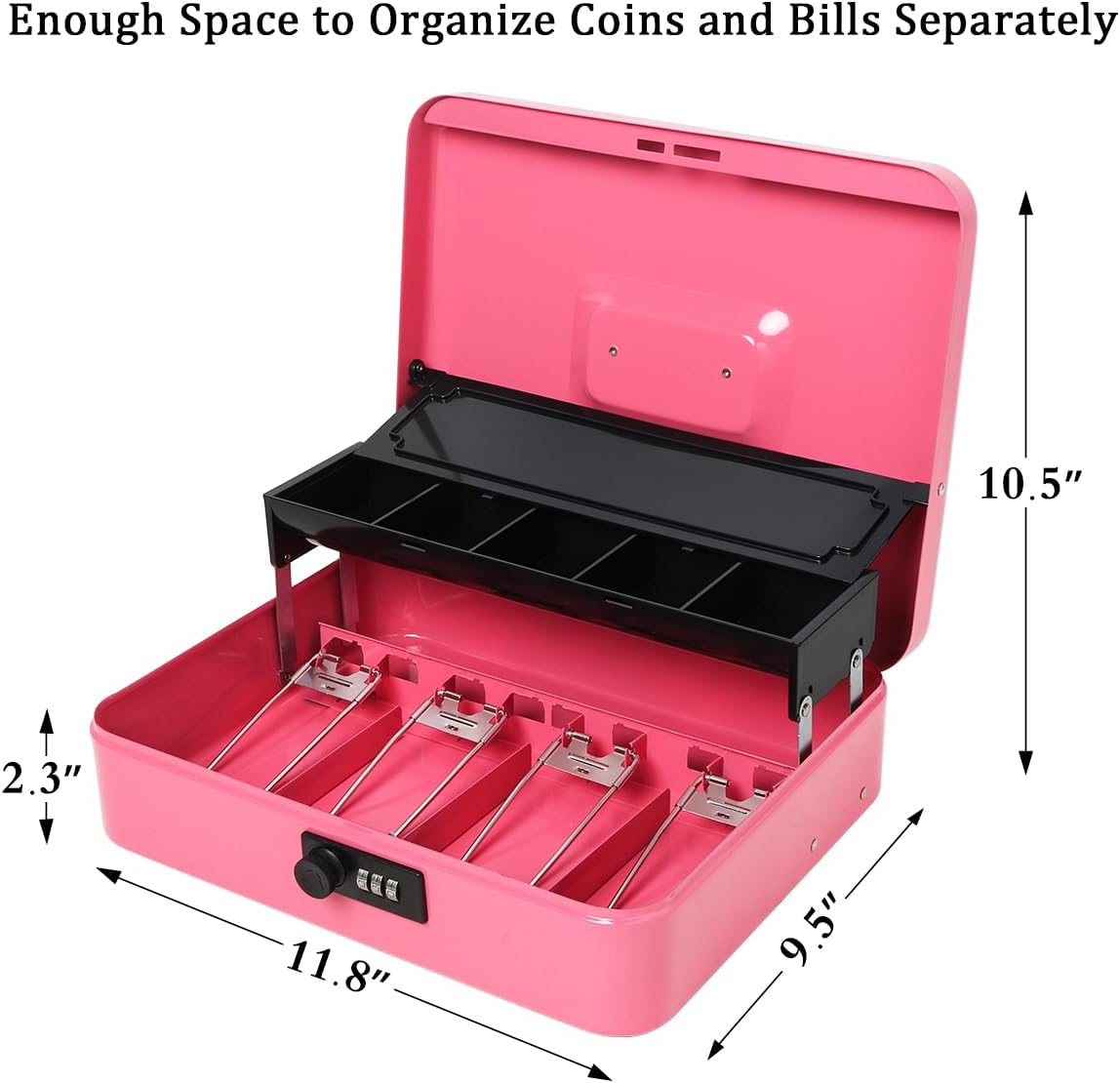 Jssmst Locking Metal Cash Box with Coin Lid, 11.8L x 9.5W x 3.5H Inches, Safe Money Box with Combination Lock, Pink, SM-CB0516P