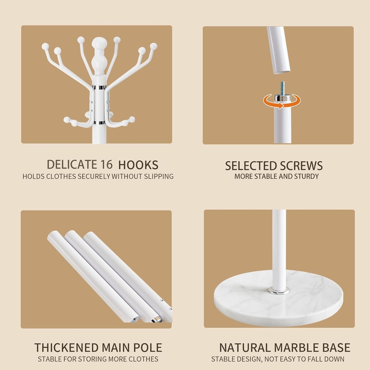 Modern Coat Rack with Natural Marble Base, Metal Freestanding Coat Racks with 16 Hooks, Heavy Duty Coat Rack Stand, Standing Coat Hall Tree Hanger Holder Stand for Entryway,Office