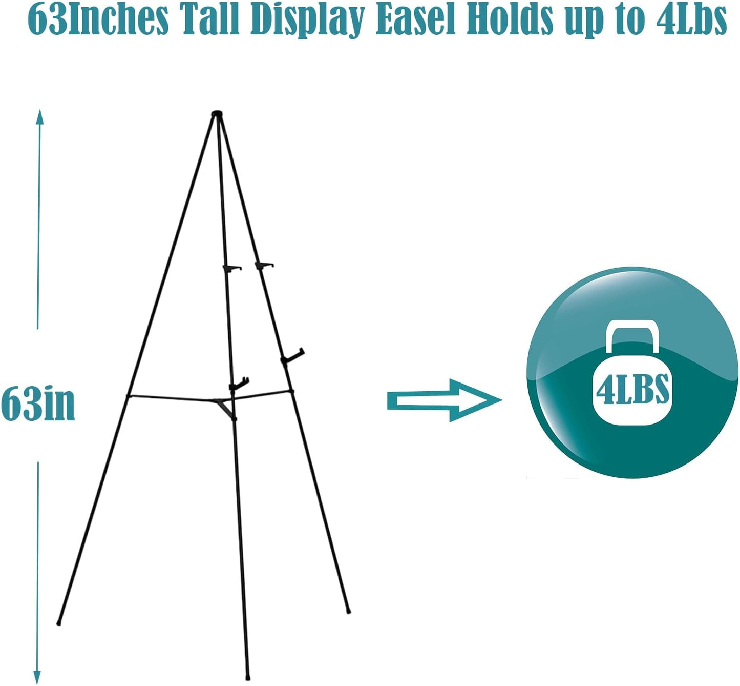 63" Tall Display Easel Stand for Wedding Sign Poster, Foldable and Adjustable Floor Metal Easels for Display Painting Arts,with Portable Bag,Holds 5 LBS (Black,6Pack)