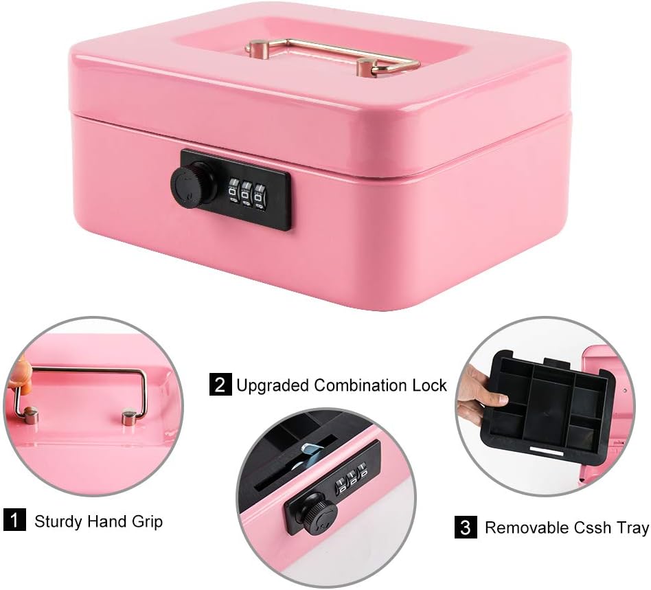 KYODOLED Medium Cash Box with Combination Lock Safe Metal Money Box with Money Tray for Security Lock Box 7.87x 6.30x 3.54Inch Pink Medium