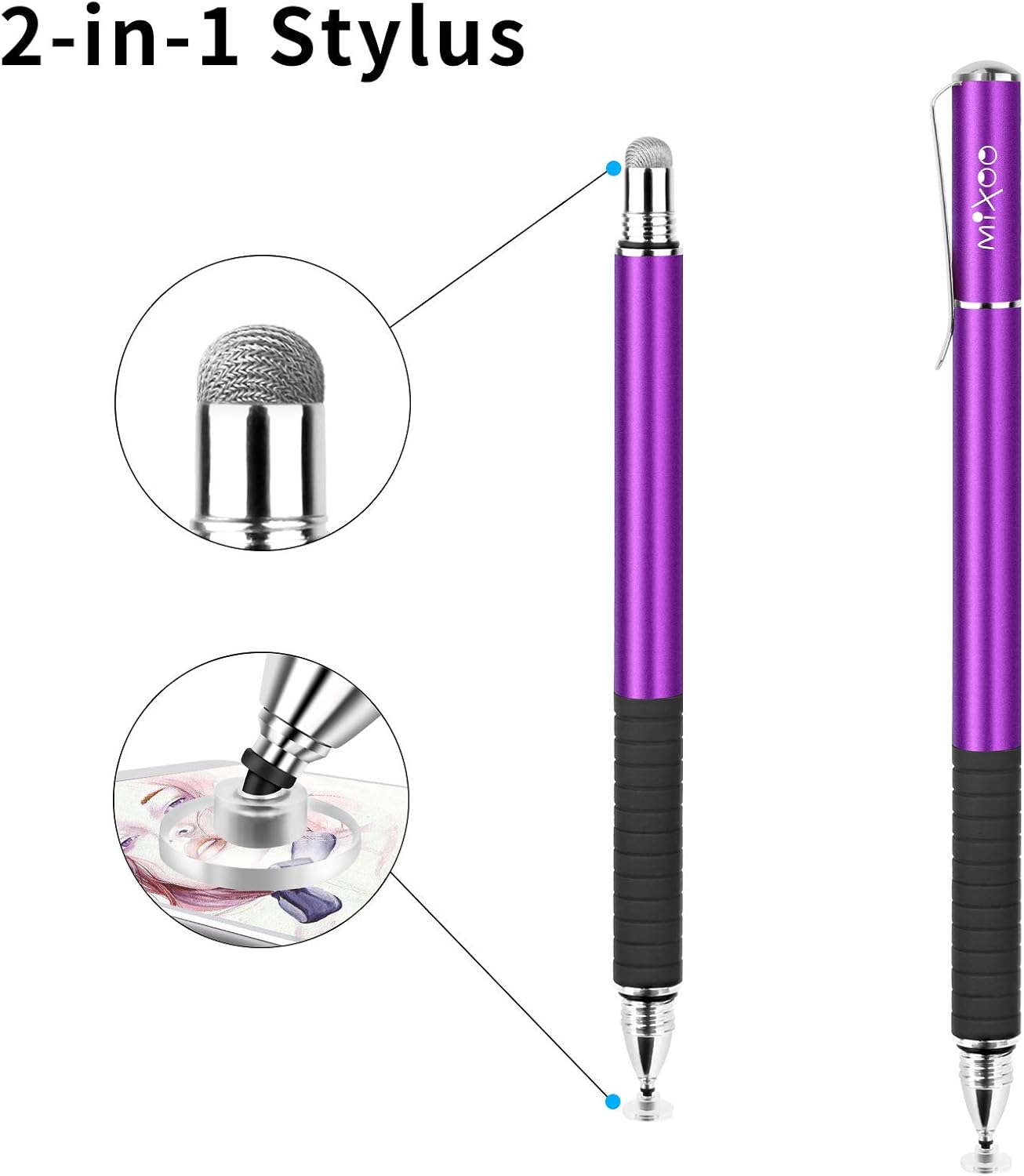 Mixoo Stylus Pens for Touch Screens - Disc & Fiber Tip 2 in 1 High Sensitivity Universal Stylus for iPad, iPhone, Tablets and Other Capacitive Touch Screens (Dark Violet)