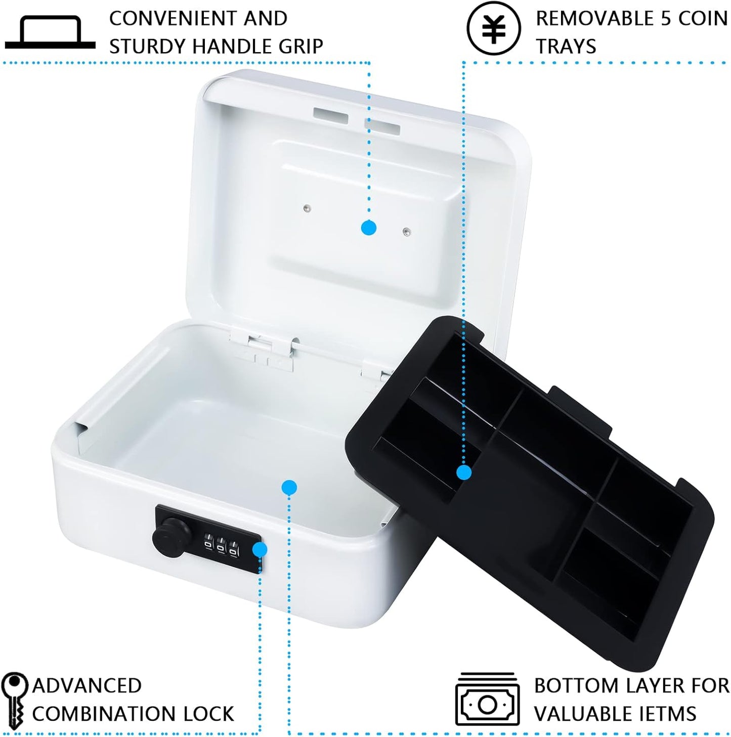 KYODOLED Cash Box with Combination Lock,Safe Metal Box for Money,Storage Lock Box with Money Tray,7.87"x 6.30"x 3.54" White Medium