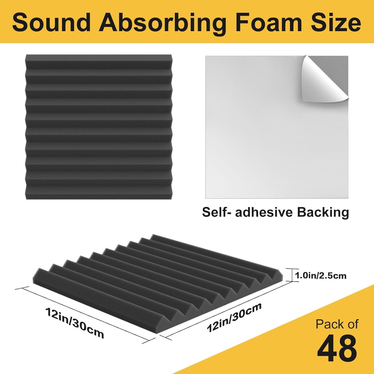 JBER 48 Pack Acoustic Foam Panels, 1" X 12" X 12" Upgraded Self-Adhesive Studio Soundproofing Wedges Fire Resistant Sound Proof Padding Acoustic Treatment Foam - Black & Red