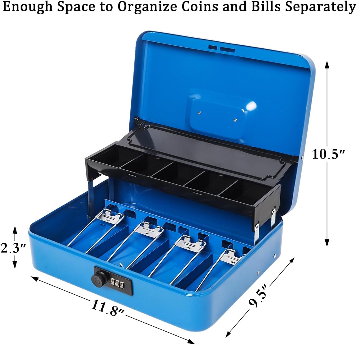 Jssmst Locking Metal Cash Box with Coin Lid, 11.8L x 9.5W x 3.5H Inches, Safe Money Box with Combination Lock, Blue, SM-CB0514BL