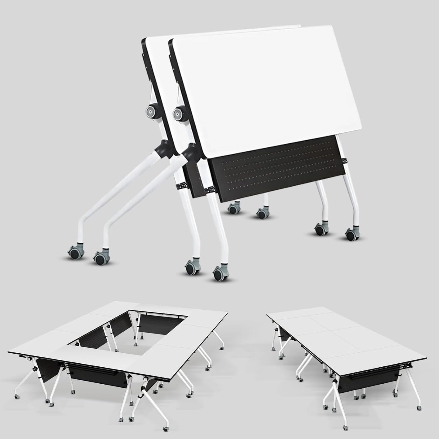 Conference Table, Folding Conference Room Tables, Mobile Training Tables with Silent Wheels, Large Rectangular Modular Seminar Table Office Computer Desks for Classroom White (2Pack L63in)