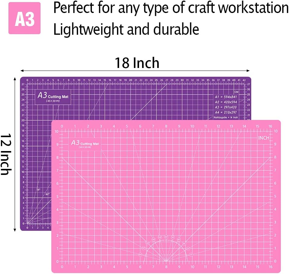 Headley Tools 18"x12" Thickened Self Healing Cutting Mat, A3 Rotary Cutting Sewing Mat for Crafts, Double Sided 5-Ply Table Cutting Board for Fabric Quilting Art Hobby Project, Pink/Purple