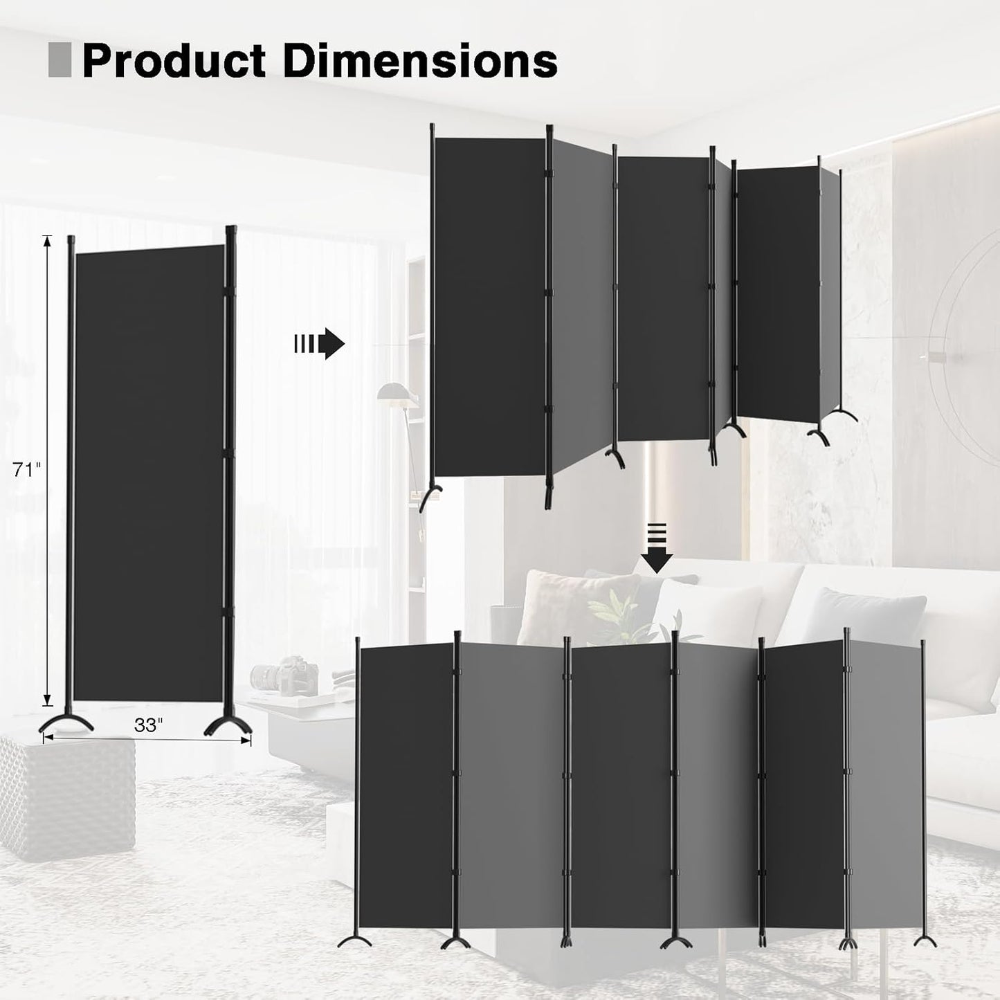 6 Panel Room Divider, 6FT Portable Room Dividers Folding Privacy Screens, 198" W Freestanding Fabric Divider for Room Separation, Partition Room Divider Panel for Dorm Home Studio Office, Grey