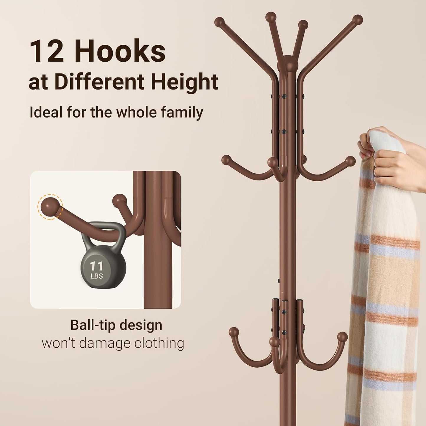 ELYKEN Coat Rack Freestanding, Metal Coat Rack Stand with Umbrella Holder, Modern Coat Tree with 12 Hooks, Floor Standing Corner Hall Tree for Entryway Living Room Bedroom Office, Brown